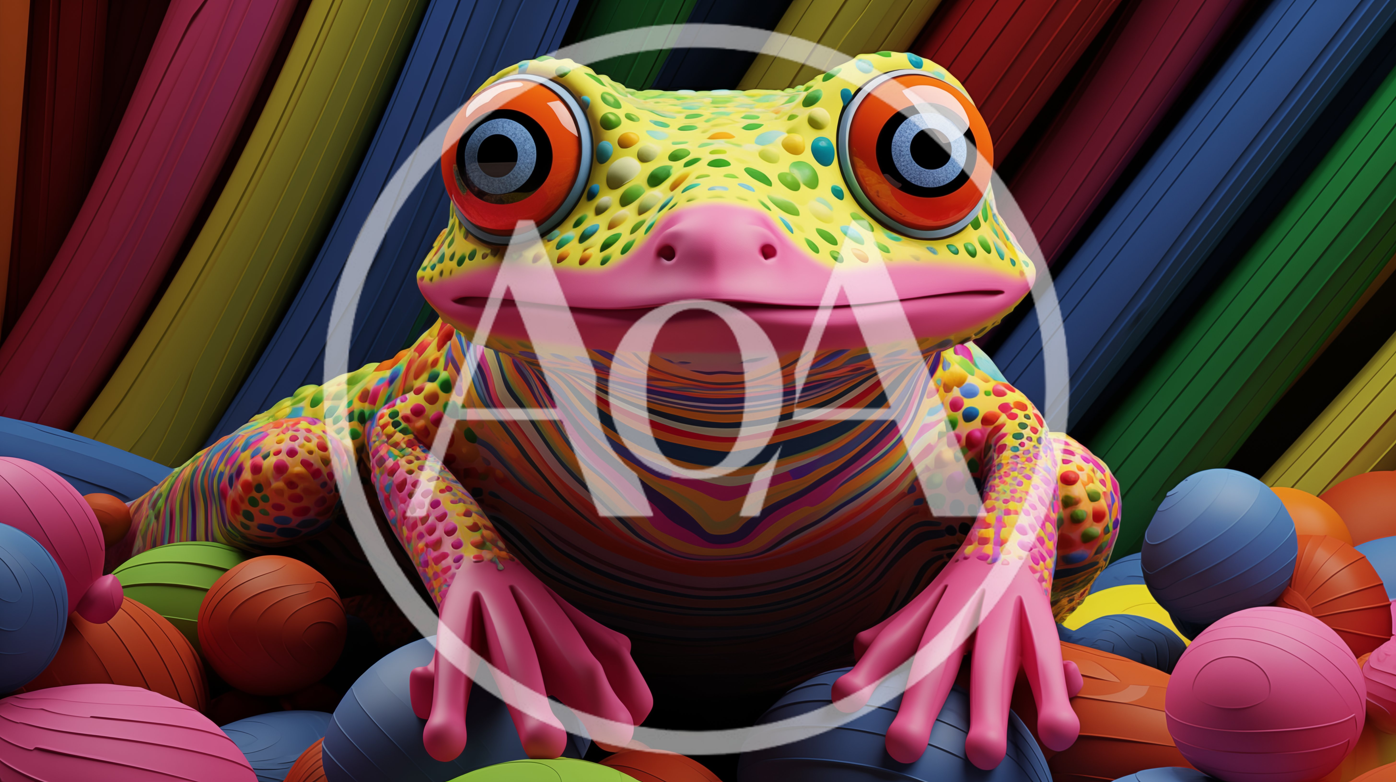 Colorful Surreal Frog Sitting Among Vibrant Spheres