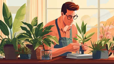 Man Tending To Potted Plants In A Sunny Greenhouse