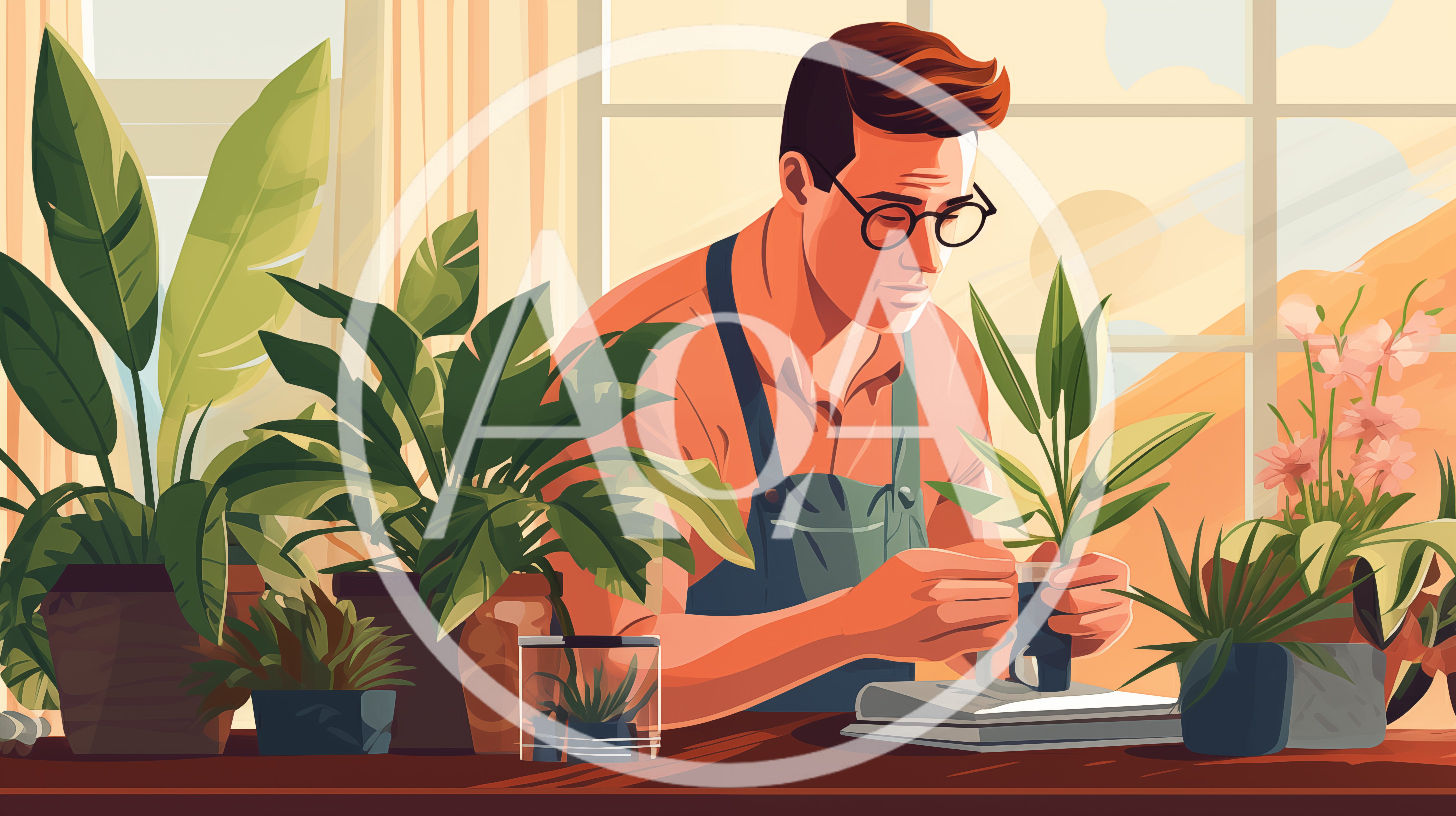 Man Tending To Potted Plants In A Sunny Greenhouse