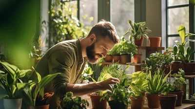 Bearded Man Tending To Potted Plants In Greenhouse