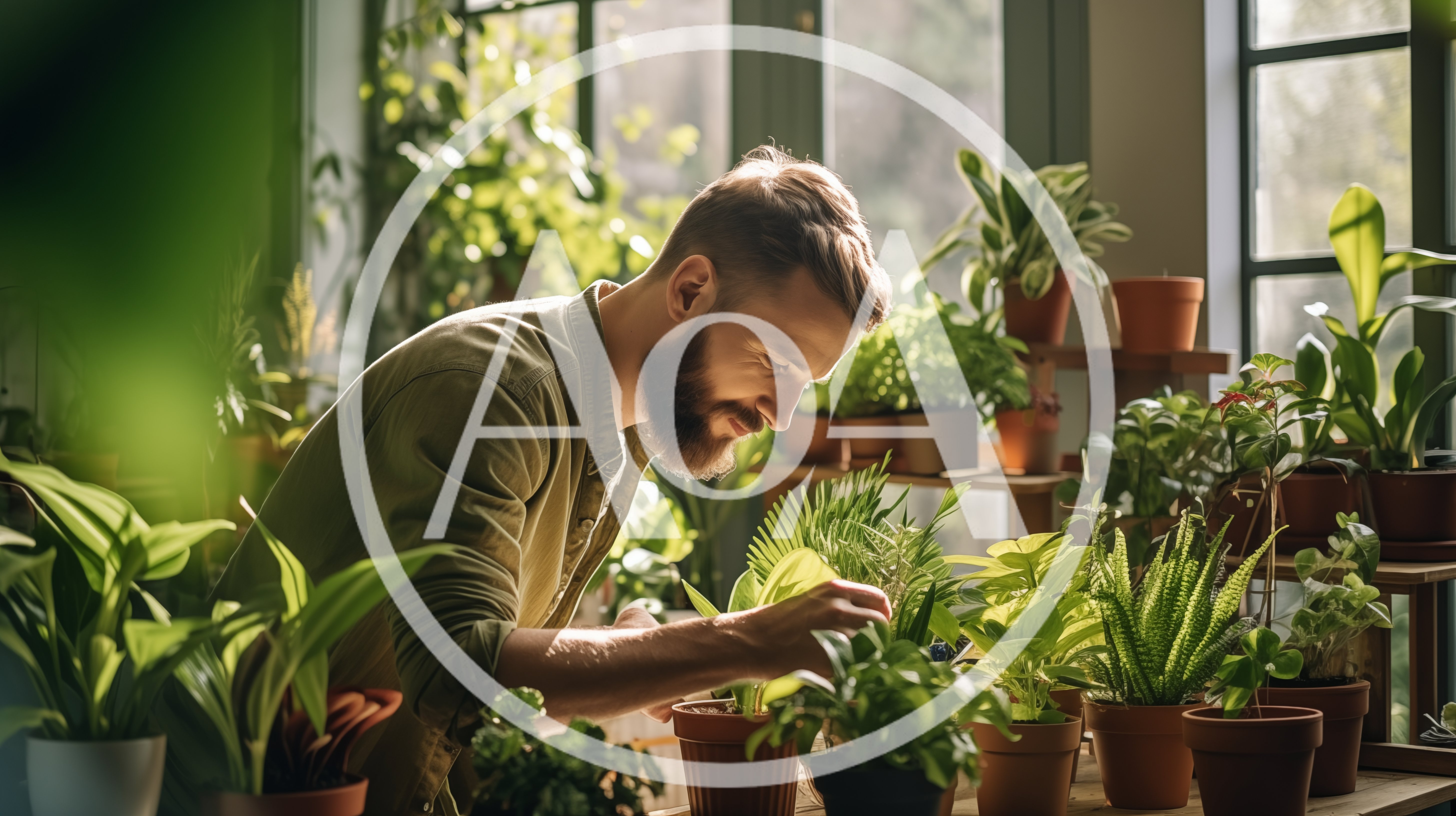 Bearded Man Tending To Potted Plants In Greenhouse