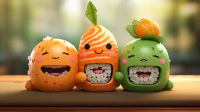 Cute Cartoon Sushi Characters With Smiling Faces