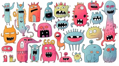 Collection Of Colorful Hand Drawn Cartoon Monsters