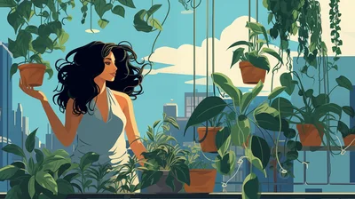 Woman Tending To Potted Plants On Urban Balcony