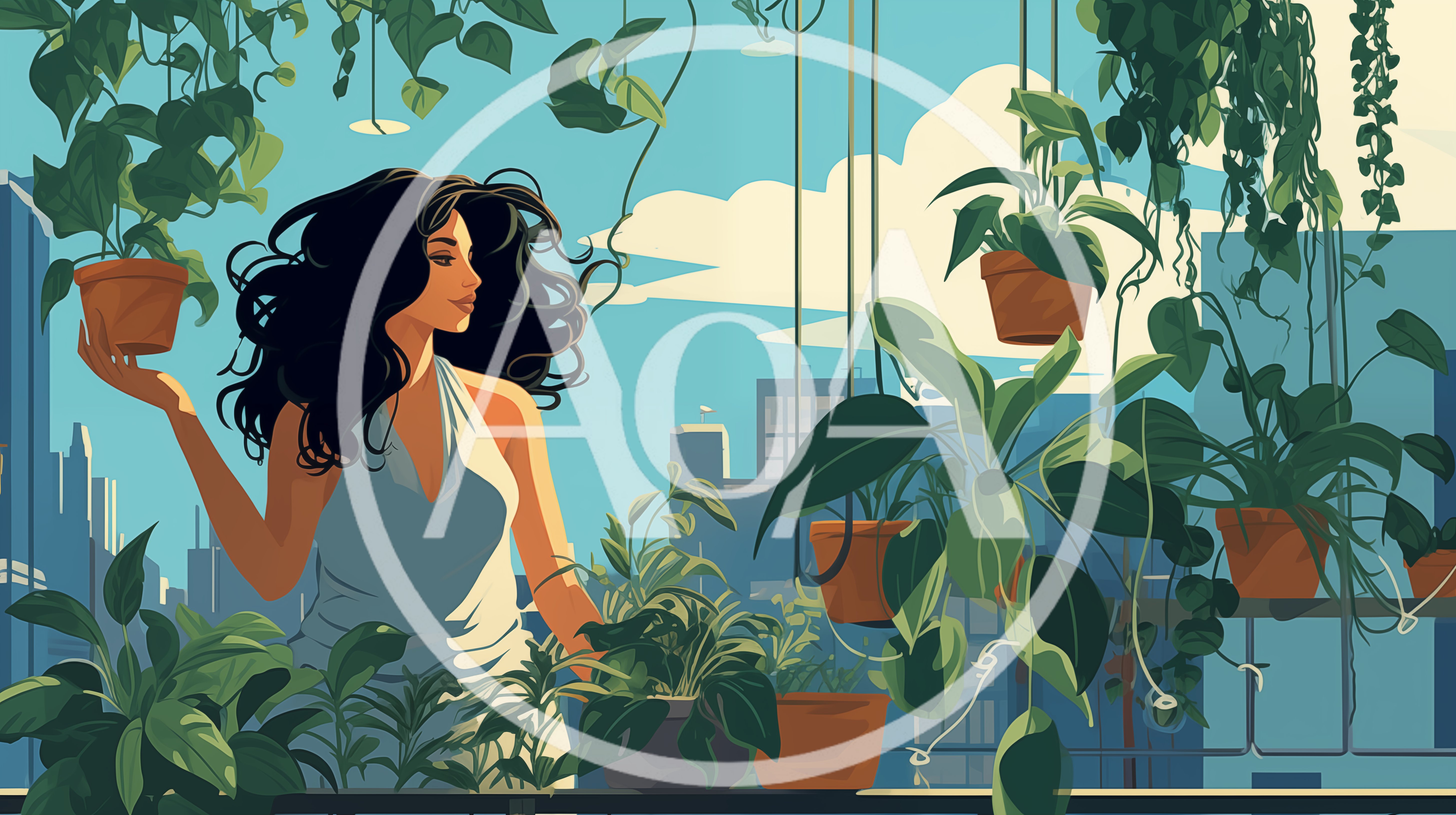 Woman Tending To Potted Plants On Urban Balcony