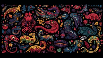 Intricate Folk Art Style Dinosaur Pattern Illustration