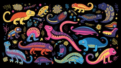 Colorful Folk Art Lizard Pattern Illustration