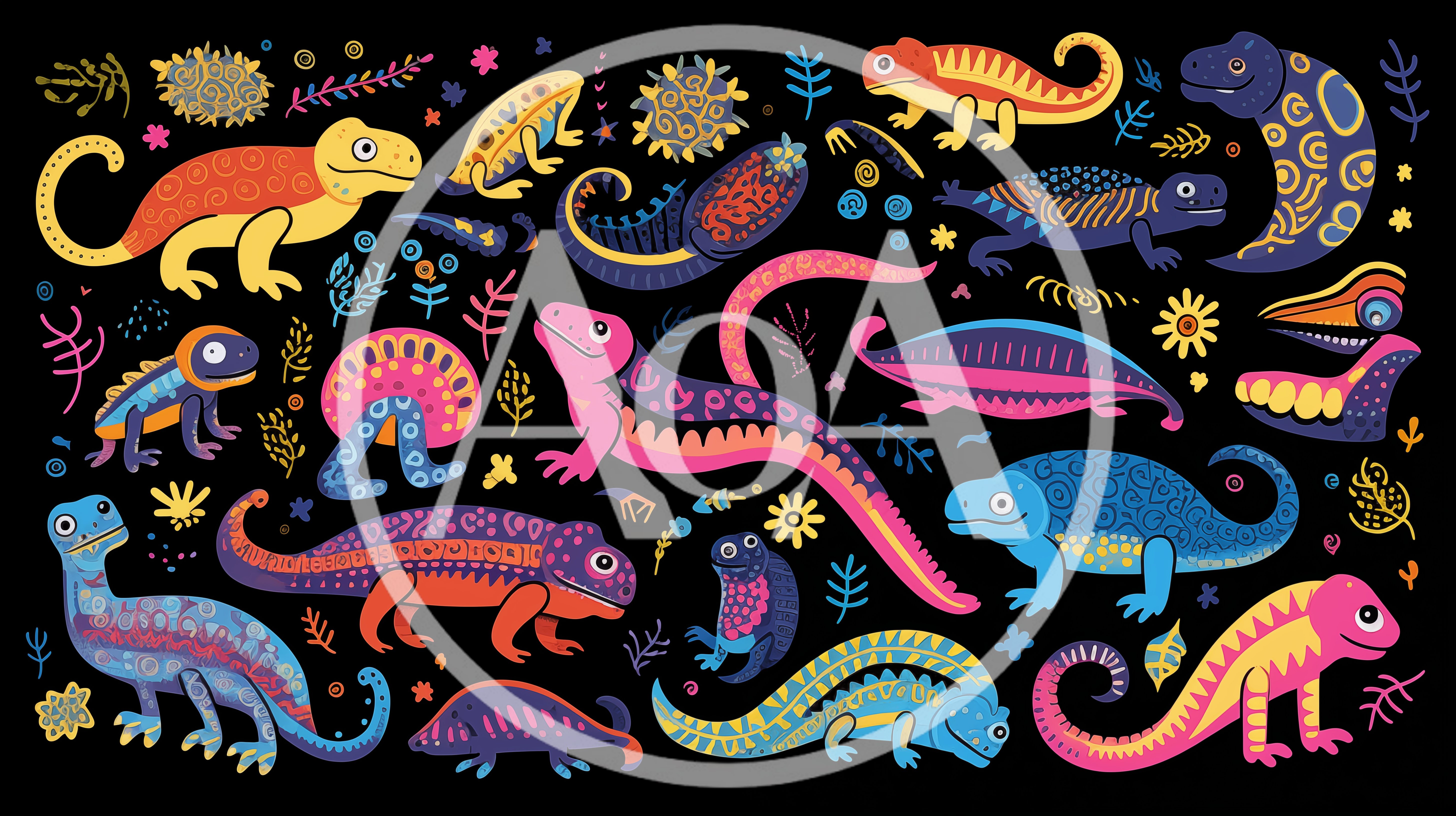 Colorful Folk Art Lizard Pattern Illustration
