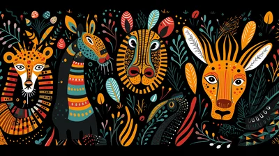Stylized African Wildlife Illustration With Vibrant Patterns