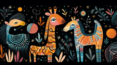 Stylized Folk Art Illustration Of Whimsical Animals