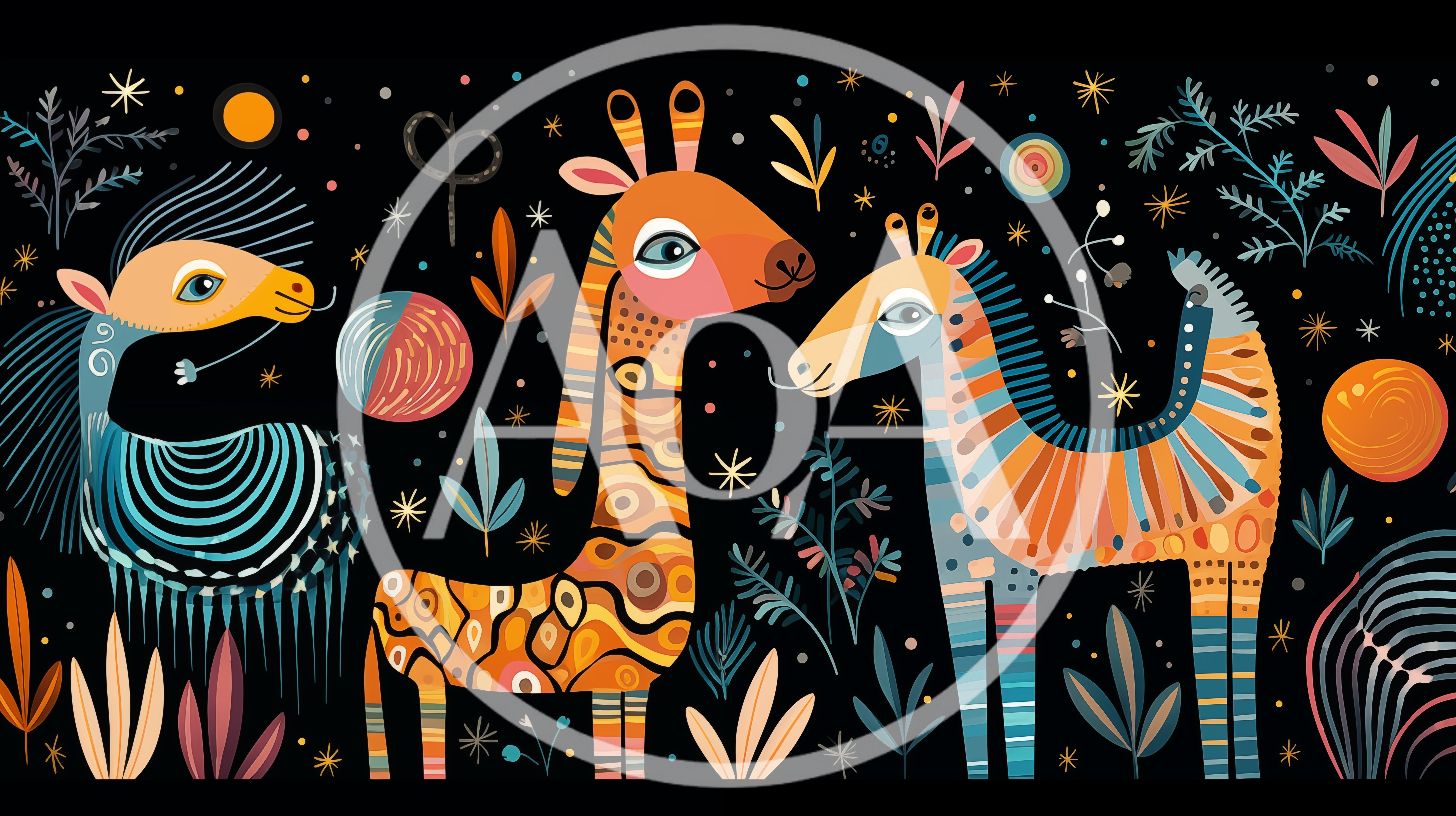 Stylized Folk Art Illustration Of Whimsical Animals
