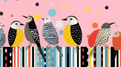 Stylized Illustration Of Colorful Birds Perched On Stripes