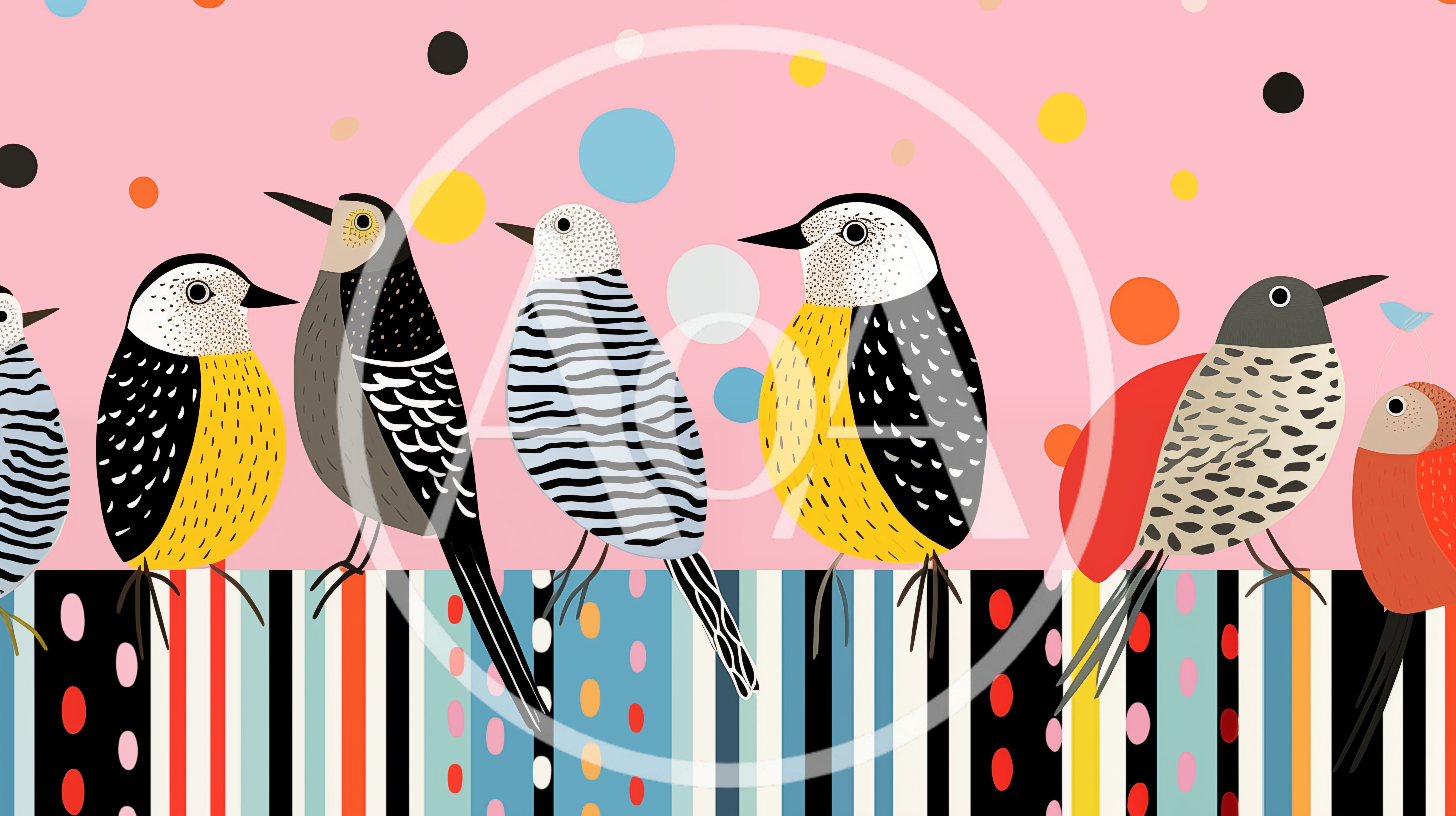 Stylized Illustration Of Colorful Birds Perched On Stripes