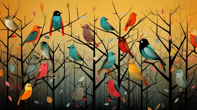 Stylized Illustration Of Colorful Birds Perched On Tree Branches