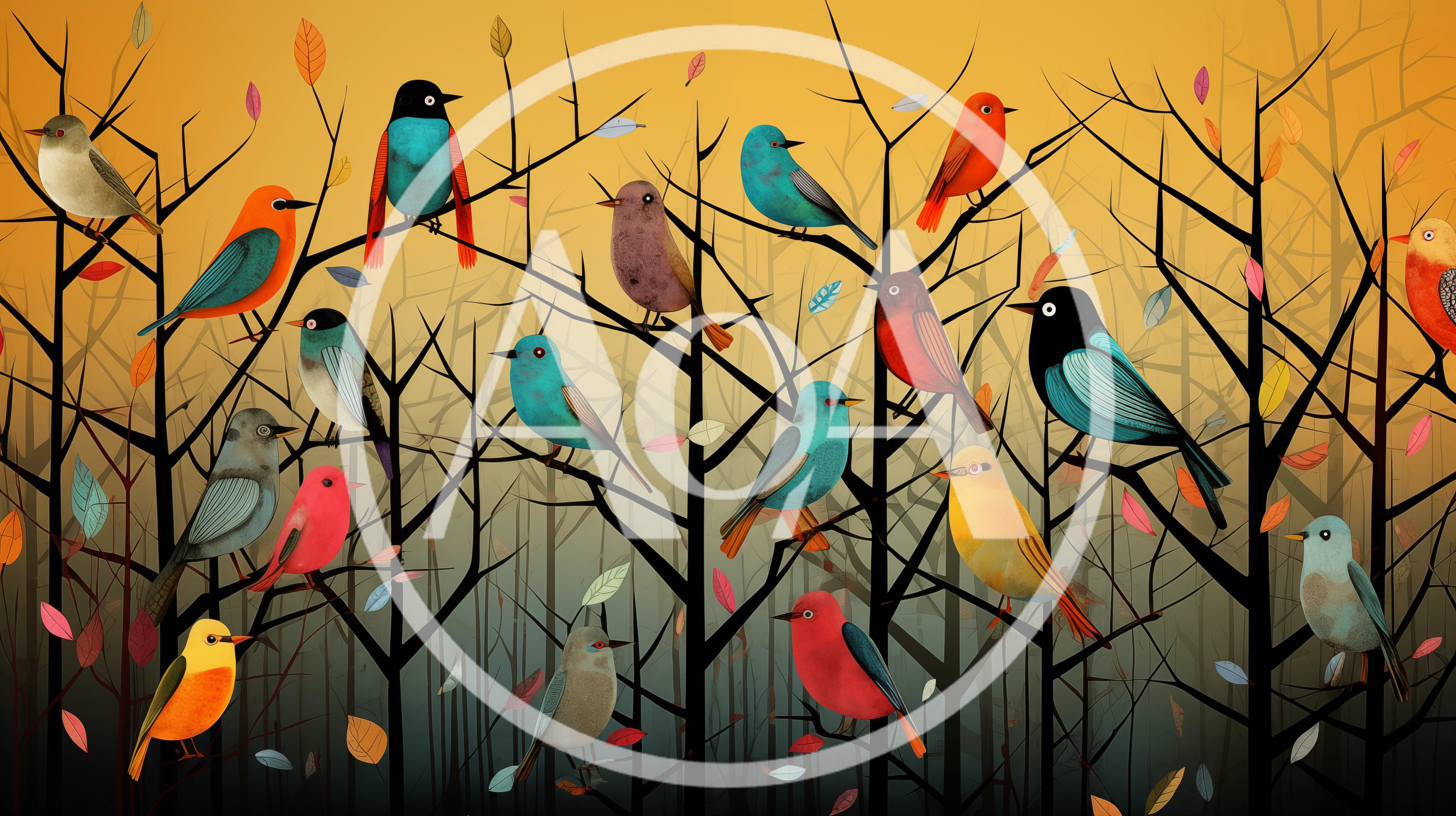 Stylized Illustration Of Colorful Birds Perched On Tree Branches