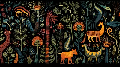 Folk Art Style Jungle Animal Pattern