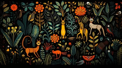Folk Art Style Jungle Illustration With Animals And Plants