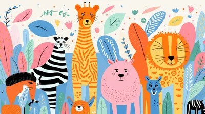 Whimsical Jungle Animals Illustration With Vibrant Foliage
