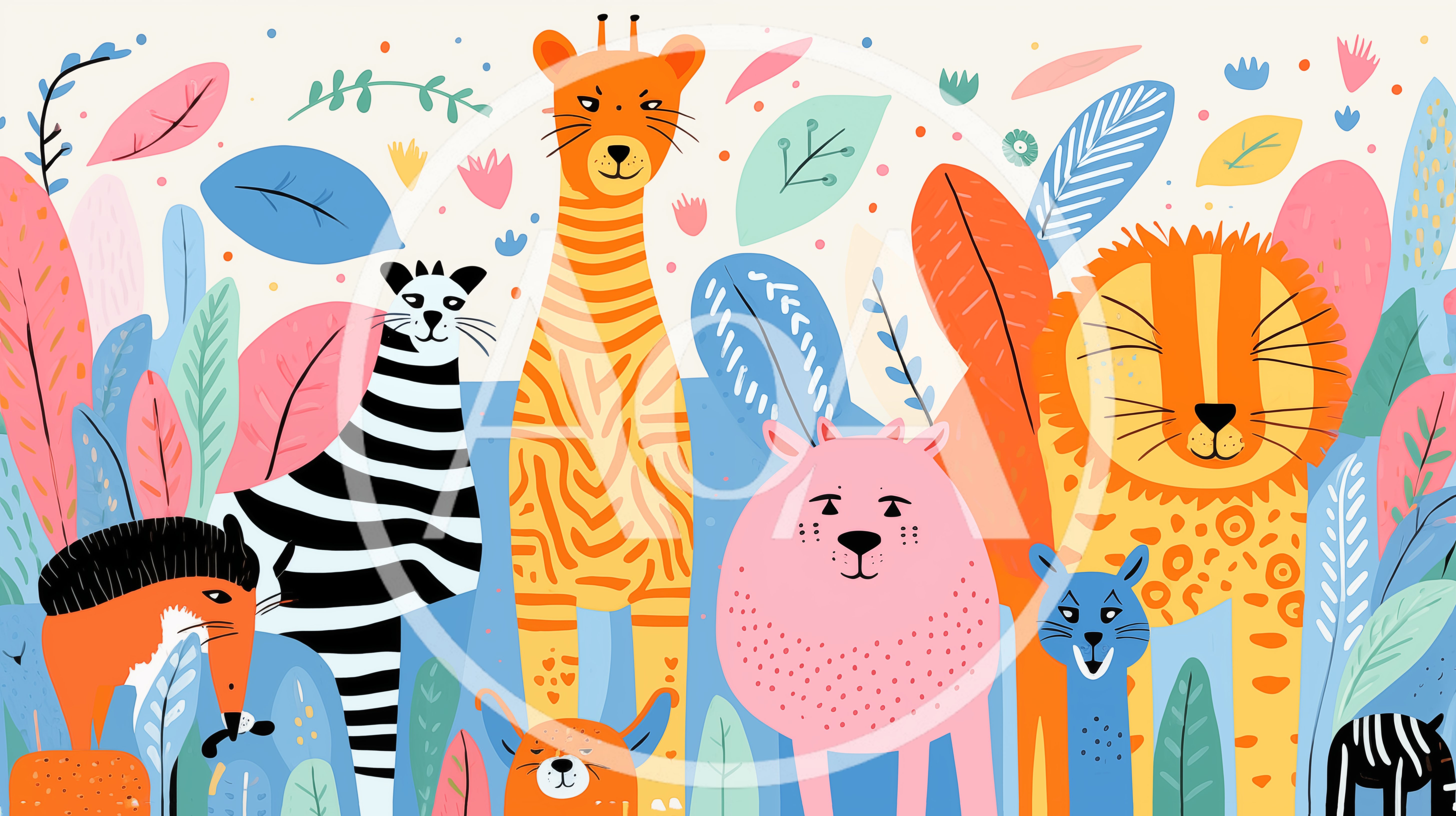 Whimsical Jungle Animals Illustration With Vibrant Foliage