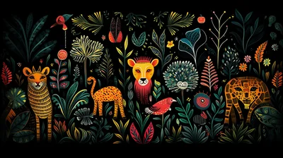 Stylized Jungle Animals In Folk Art Illustration