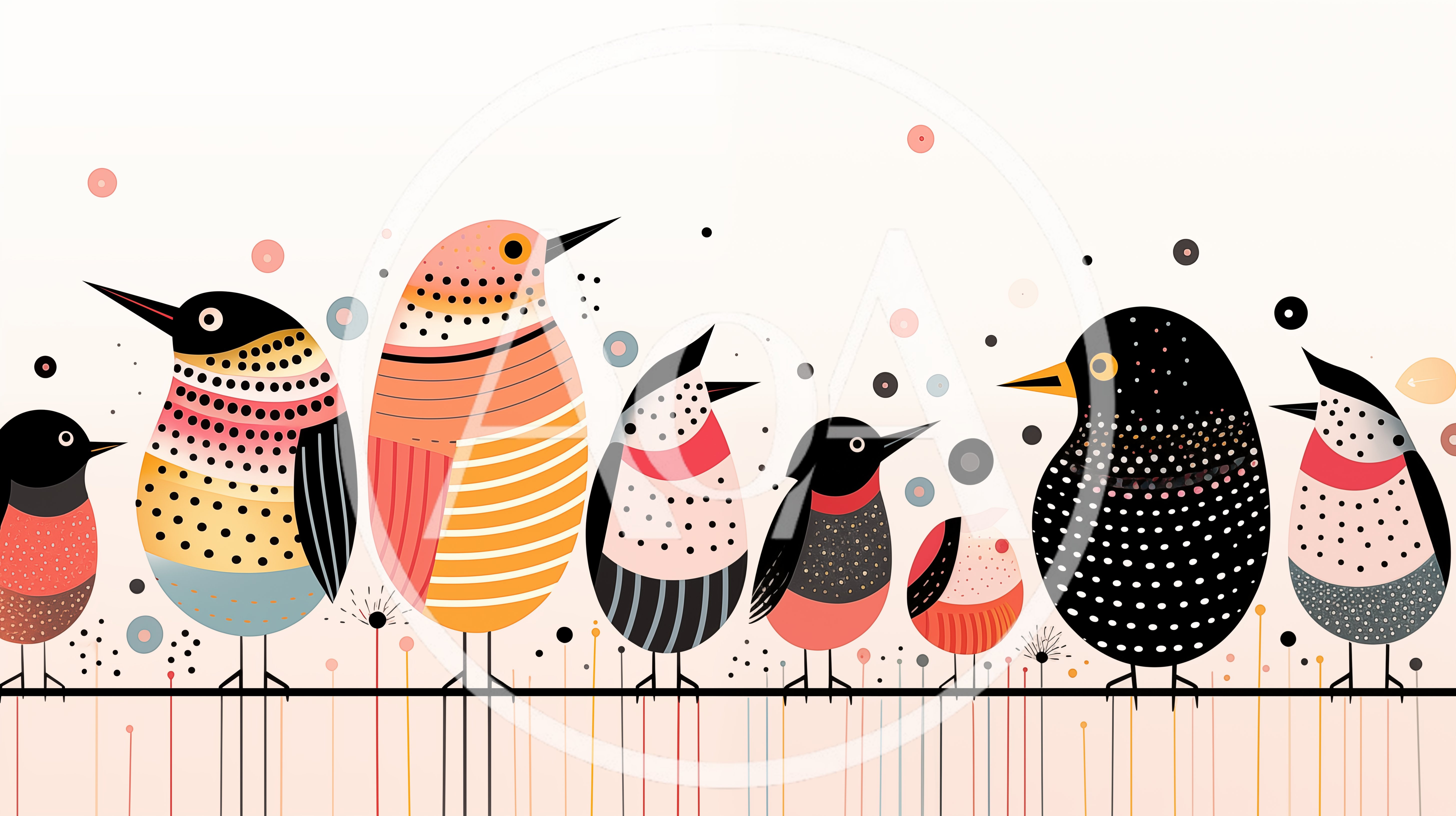 Stylized Minimalist Birds Perched On A Line