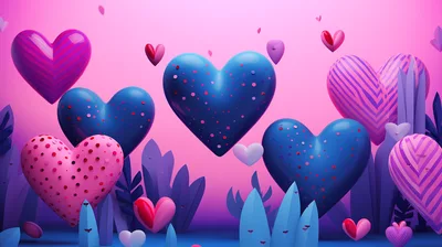 Floating Hearts in a Surreal Pink and Blue Landscape