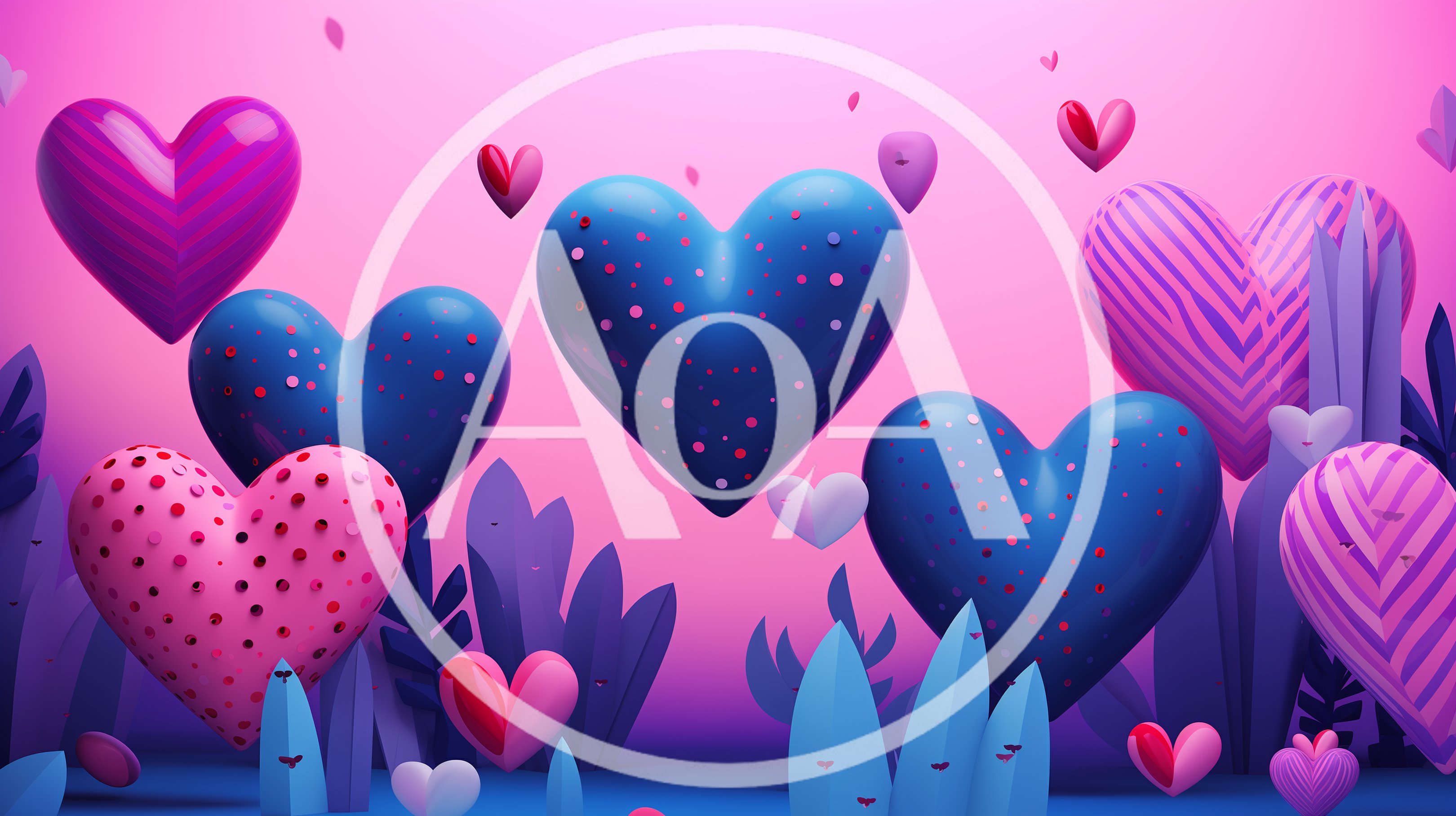 Floating Hearts in a Surreal Pink and Blue Landscape