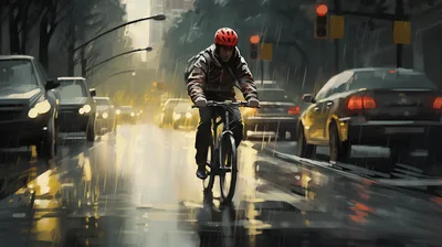 Cyclist Riding Through Rainy City Traffic