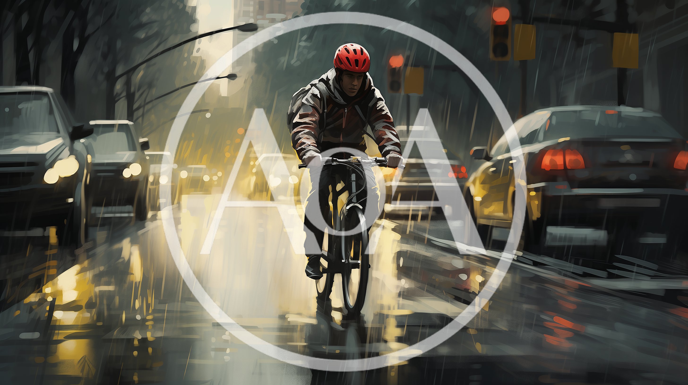 Cyclist Riding Through Rainy City Traffic