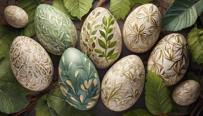 Ornate Easter Eggs With Botanical Carvings And Green Leaves
