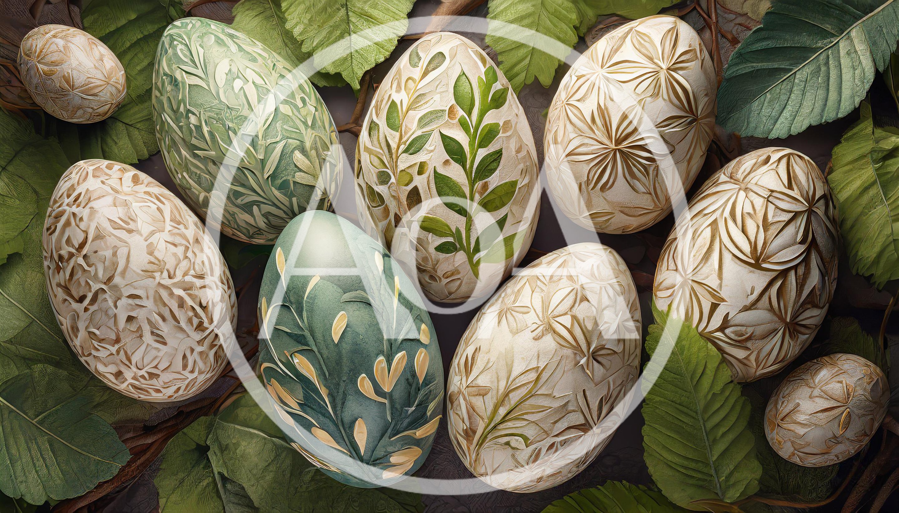 Ornate Easter Eggs With Botanical Carvings And Green Leaves