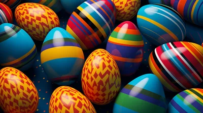 Colorful Patterned Easter Eggs on Dark Blue Background