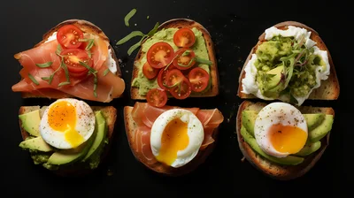 Gourmet Avocado Toast Assortment With Poached Eggs And Salmon