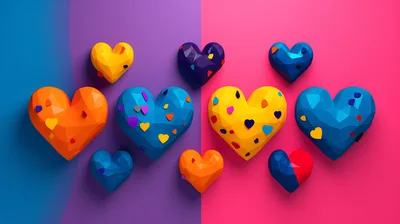 Low Poly 3D Hearts On Split Color Background