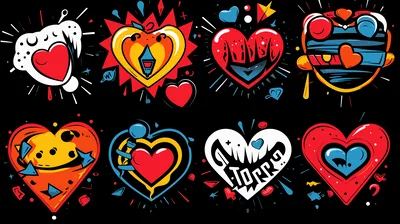 Set of Eight Stylized Graffiti Heart Illustrations