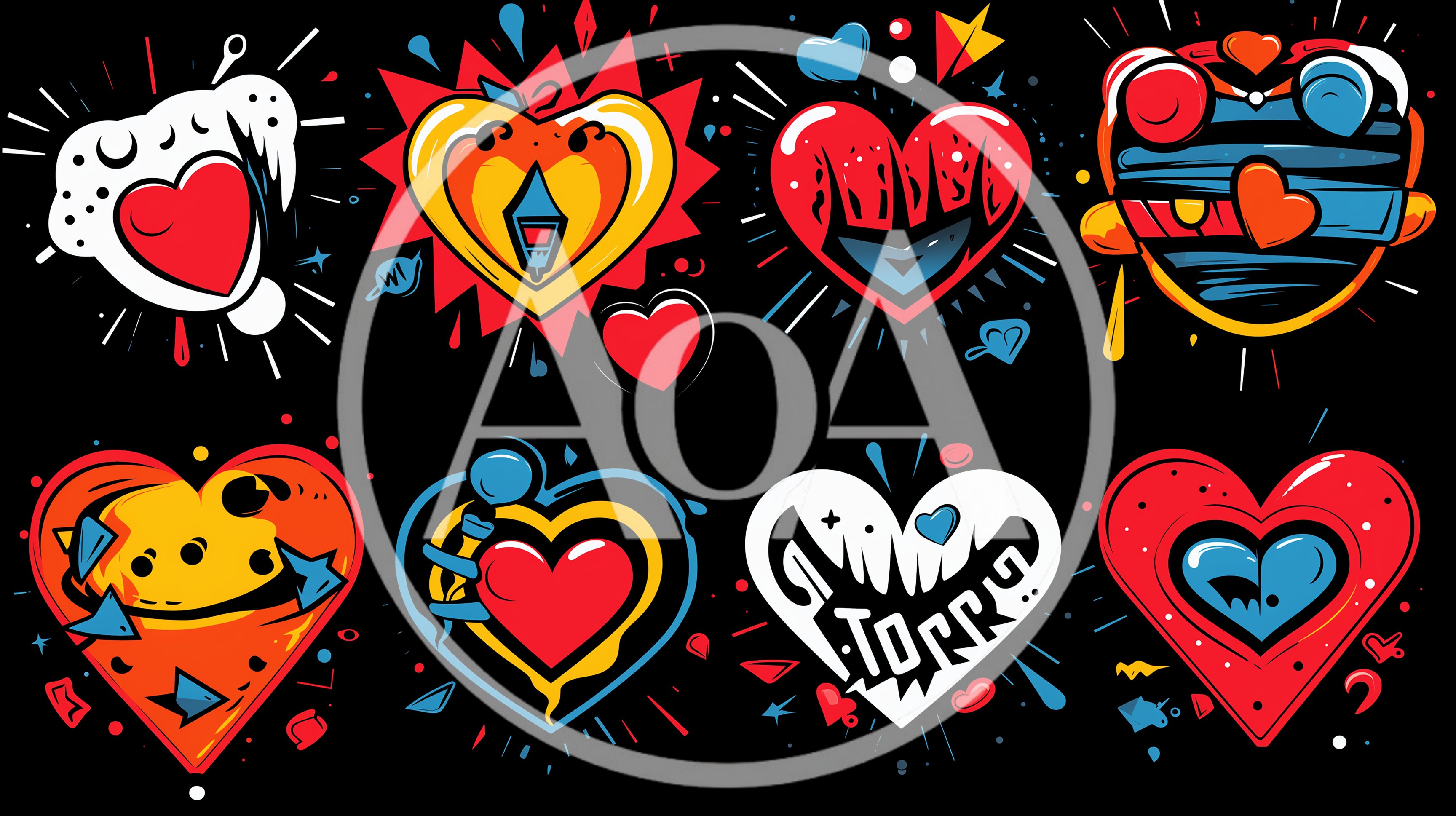 Set of Eight Stylized Graffiti Heart Illustrations