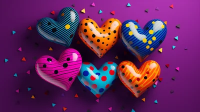 3D Rendered Colorful Patterned Hearts on Purple Background