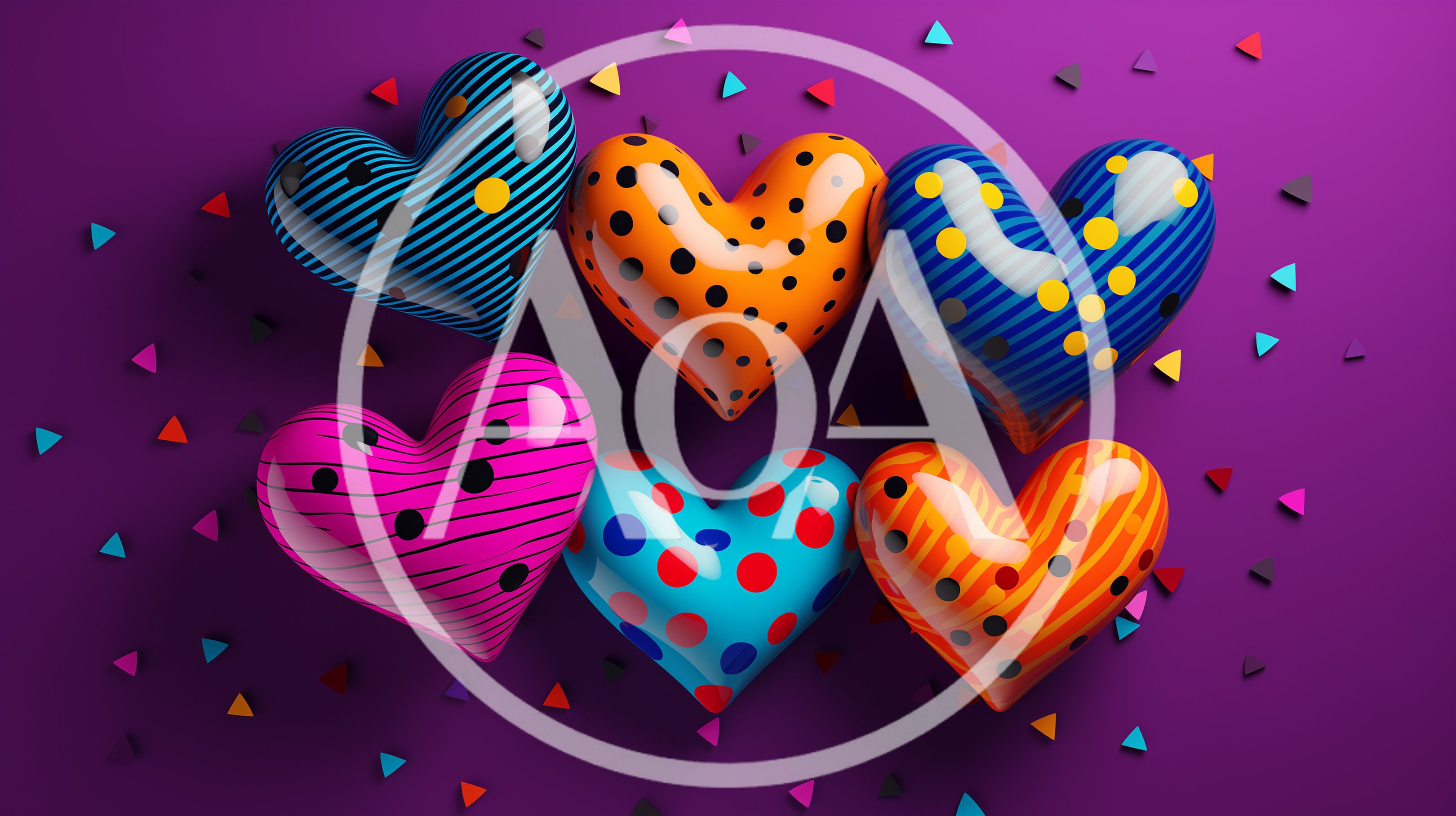 3D Rendered Colorful Patterned Hearts on Purple Background