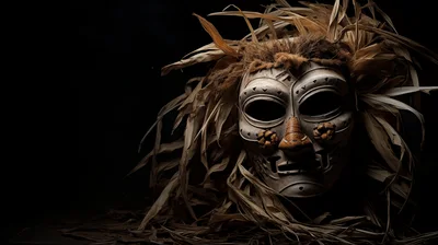 Tribal Ceremonial Mask With Dried Straw Headdress