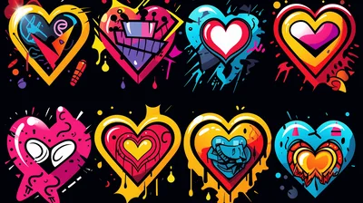 Set Of Vibrant Graffiti Style Heart Illustrations