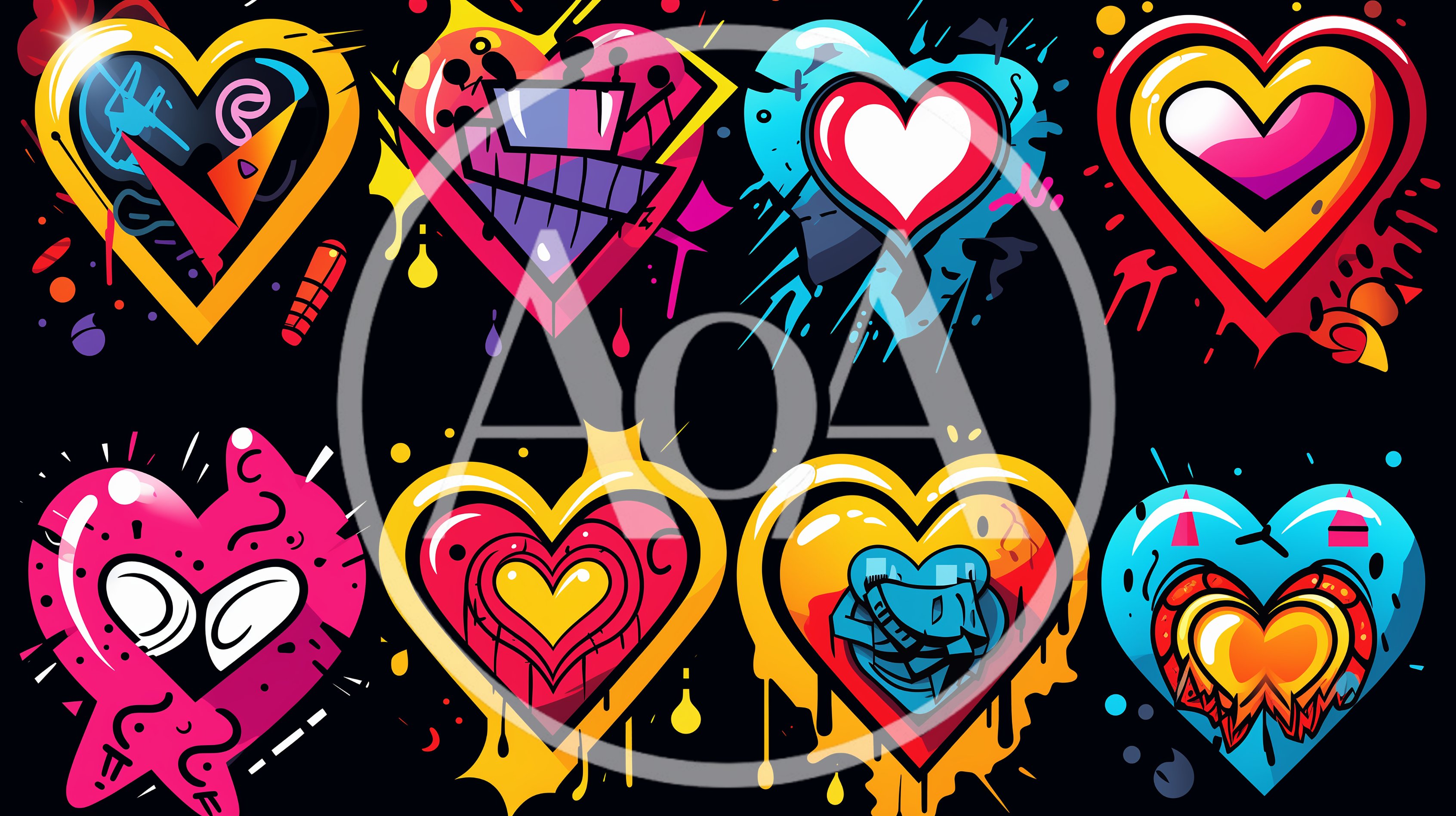 Set Of Vibrant Graffiti Style Heart Illustrations