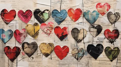 Collage Of Painted Paper Hearts On Vintage Newspaper Background