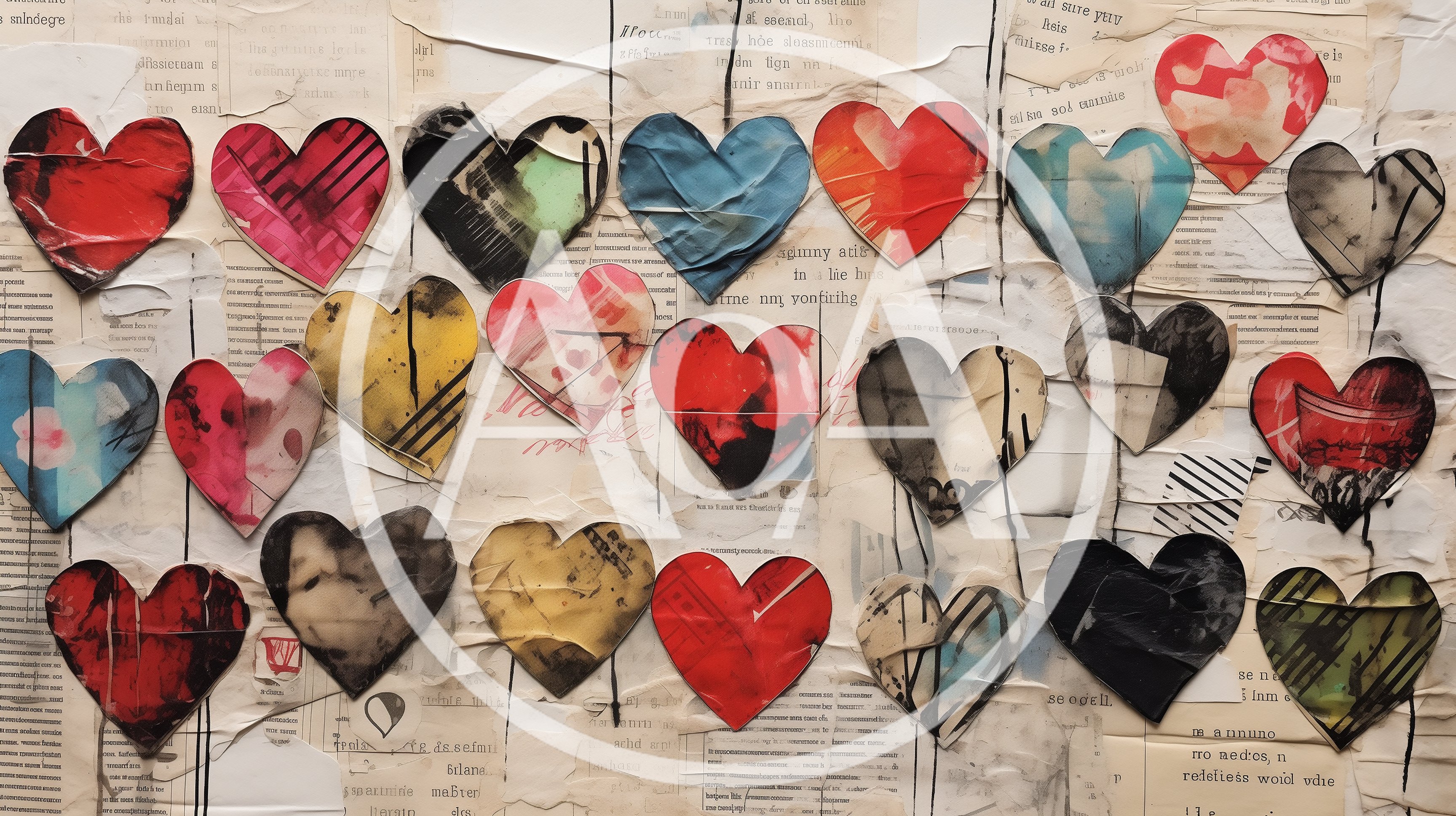 Collage Of Painted Paper Hearts On Vintage Newspaper Background