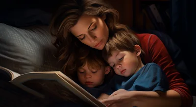 Mother Reading Bedtime Stories To Her Two Children