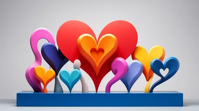 Abstract 3D Heart Sculptures On Blue Base