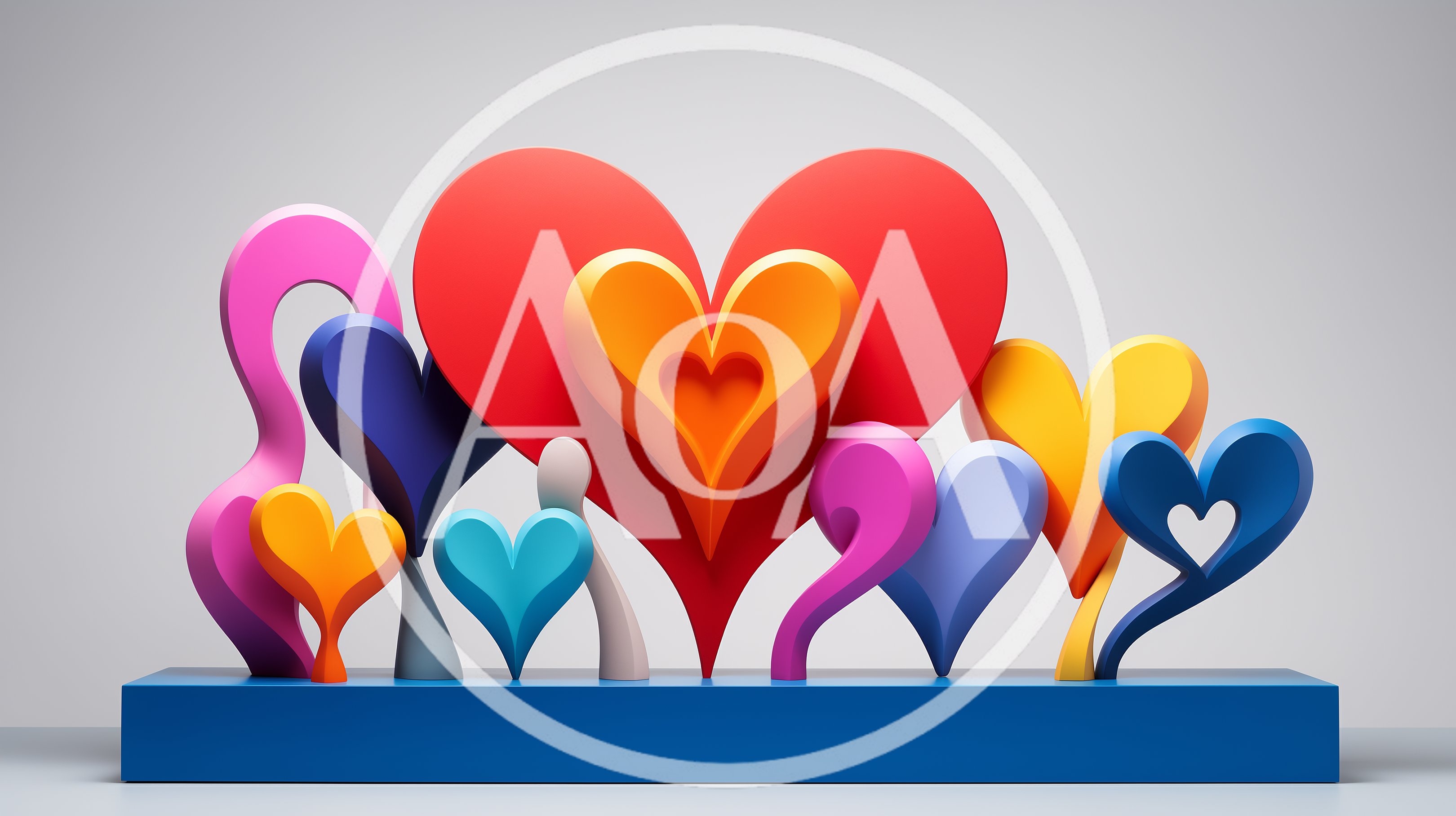 Abstract 3D Heart Sculptures On Blue Base