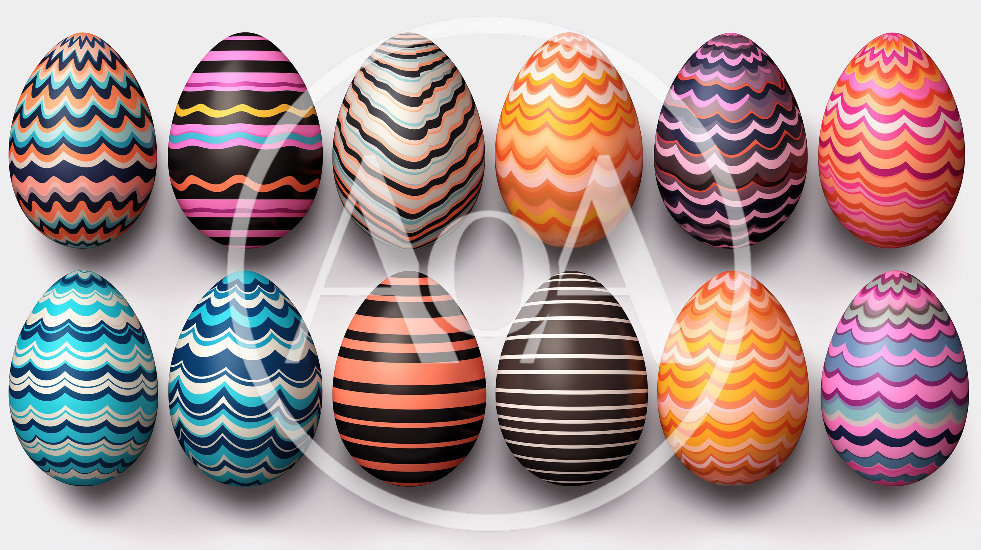 Set Of Twelve Colorful Patterned Easter Eggs