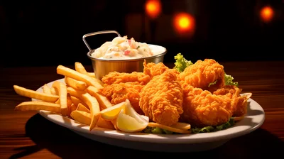Crispy Fried Chicken Tenders With French Fries And Coleslaw