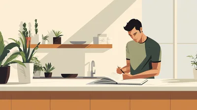 Young Man Writing In A Notebook In A Kitchen