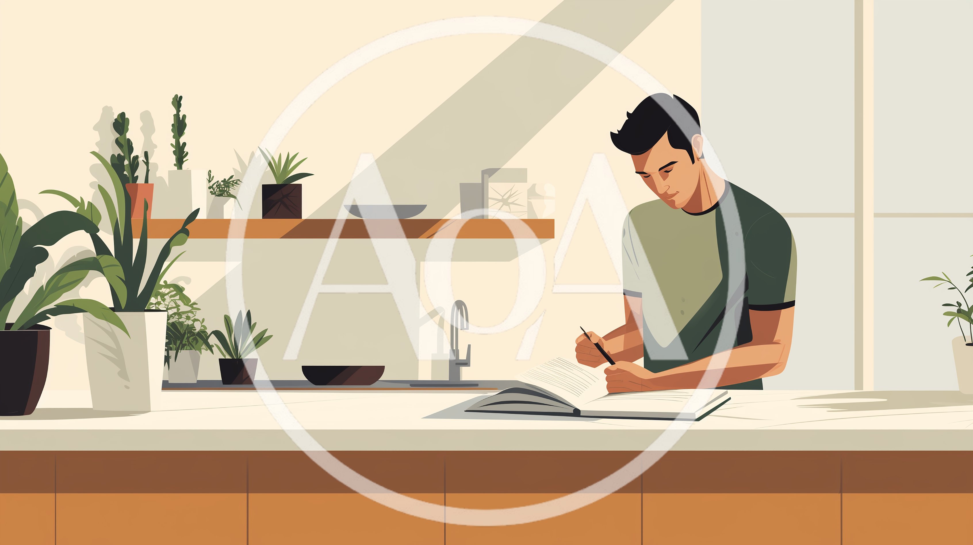 Young Man Writing In A Notebook In A Kitchen